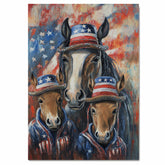 Mother Horse and Three Foals in Patriotic Outfits and Hats with American Flag Theme Against Colorful Abstract Background on Ready to Hang 1.5" Thick Canvas Wrap, Floating Framed Canvas, Flat Rolled Canvas